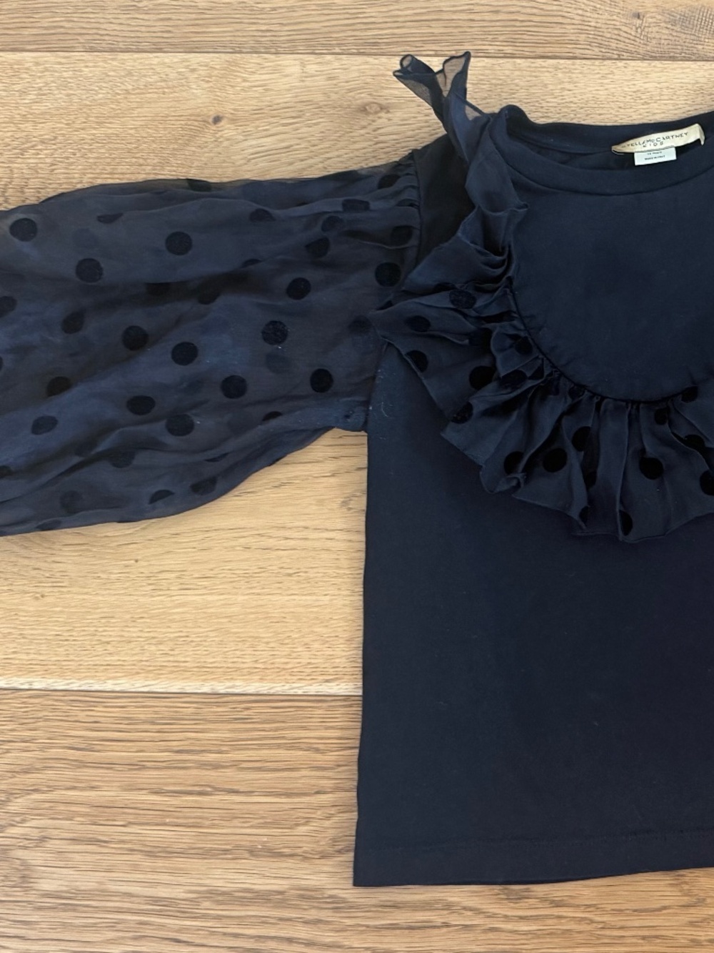 Stella McCartney Kids Black Polka Dot Sheer Organza Puff Sleeve Top | Italy